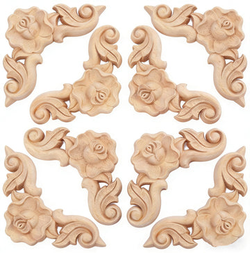 8PCS Unfinished Wood Rosettes Appliques Onlay Furniture Onlay Corner Decoration (Dia-6cm/2.36"), Unpainted Corner