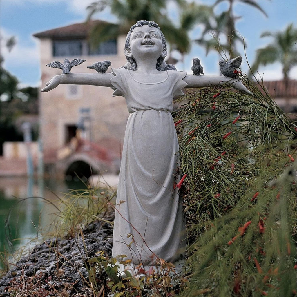 Basking in Glory Little Girl with Birds Outdoor Garden Statue, Medium, 16 inches tall, Cast Stone Resin, Two Tone