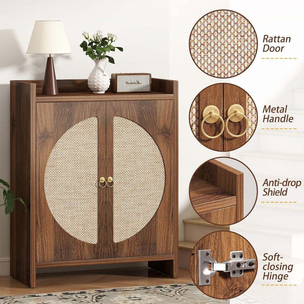 Shoe Cabinet Storage - Rattan Entry Way Shoe Storage Cabinet with Adjustable Shelves, Wood Shoe Organizer Cabinet