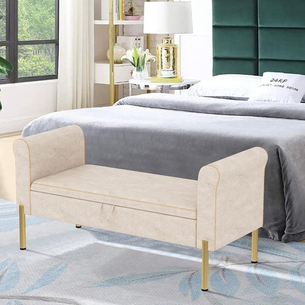 Modern Blue Velvet Storage Bench End of Bed Bench Ottoman, Upholstered Armed Entryway Bench Long Settee