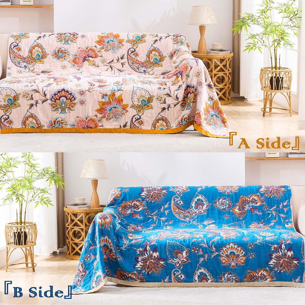 Boho Throw Blanket for Bed, 100% Cotton Soft Rustic Quilt Fall Blanket, 90"x98" Floral Printed Farmhouse Decor Bed