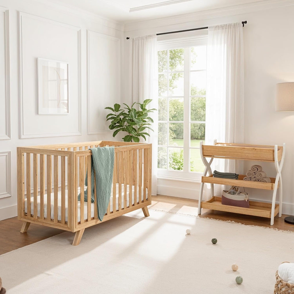 Crib for 0 to 3 Years - Adjustable Mattress Height, Natural Wooden Crib for Baby, Elegant Nursery Furniture, Designed