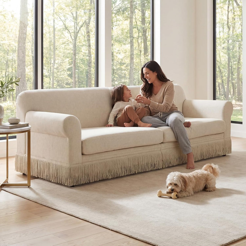 86" Chenille Sofa Couch - Mid-Century Modern 3-Seater Deep Seat Sofa with Vintage Tassel Design Pet-Friendly Soft