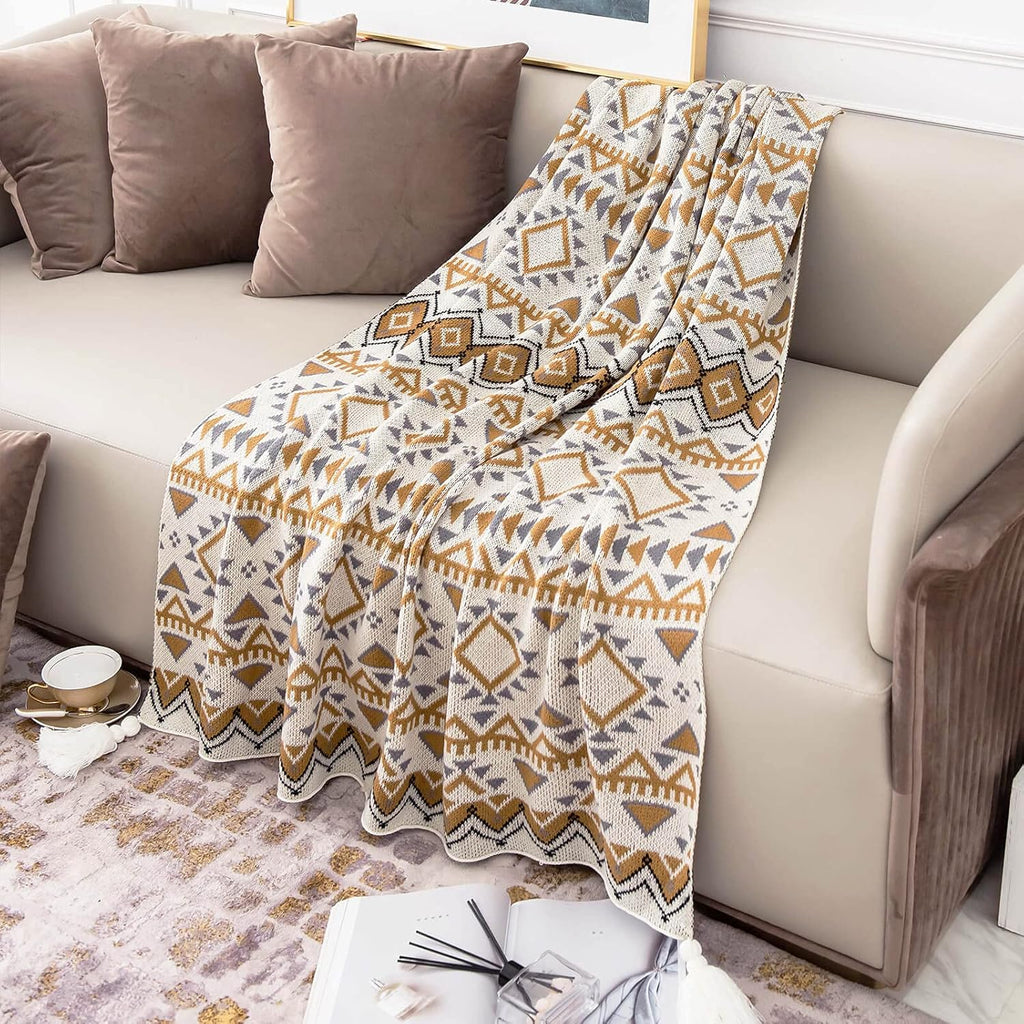 Boho Throw Blanket, Knitted Brown Tassel Throw Blankets, Soft Lightweight Vintage Tan Throw Blanket