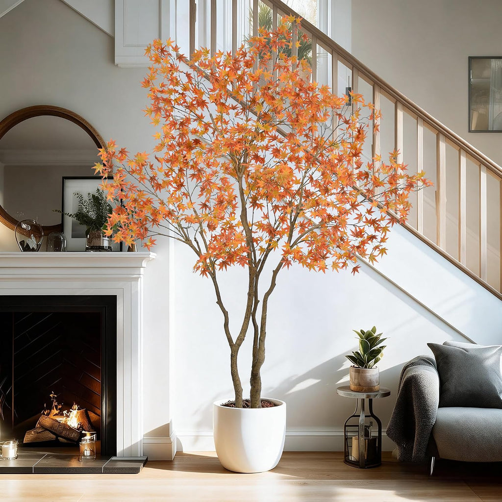 Maple Tree 7FT - Large Faux Plant Indoor with 1104 Orange Red Leaves & Realistic Trunk, 84" Tall Fake Autumn Maple