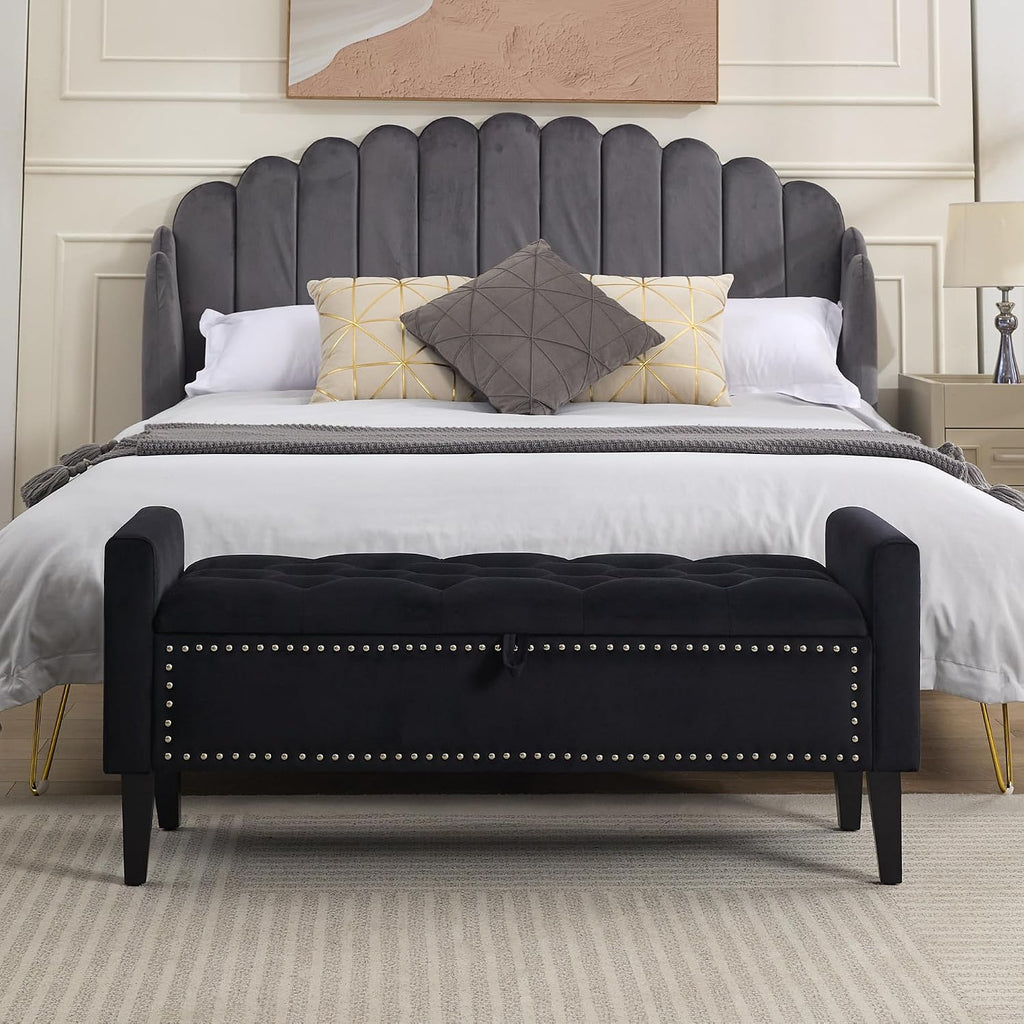 47" Velvet Storage Bench, Upholstered Bed Bench with Storage, End of Bed Ottoman with Wooden Legs,Bedside Storage