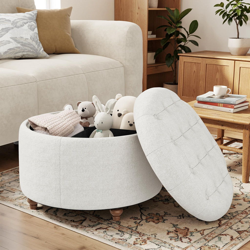 25" Round Ottoman with Storage, Small Coffee Table with Reversible Tray Lid