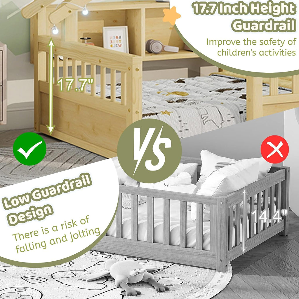 Twin Size Floor Bed with Storage Bookshelves and Light, Wooden Montessori House Bed Frame with Roof Shape, High