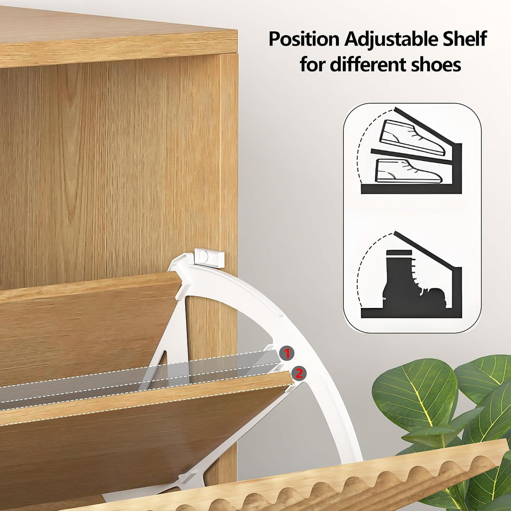 Shoe Cabinet , Narrow Freestanding Shoe Cabinet Storage with 2 Flip Drawers, Open Bottom Shelf & Side Hooks, Slim