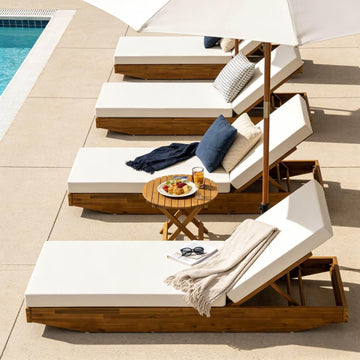 4-Pack Acacia Wood Chaise Lounge Chair, Teak Finish Outdoor Recliner, Cream Cushion, Heavy Duty 300 lbs Each, 79.6" x