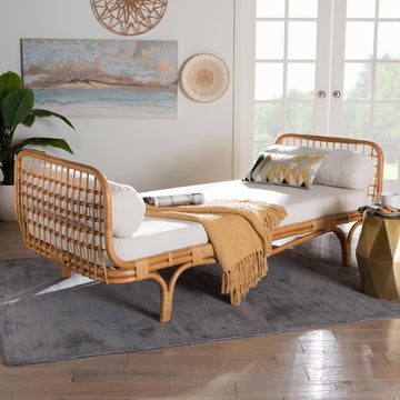 Aiko Handwoven Natural Rattan Daybed with Cushion - Boho Coastal Lounge Bed, or Sunroom