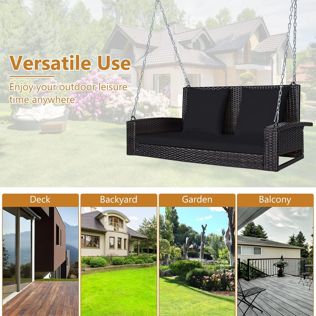 Hanging Porch Swing, 2-Person Outdoor Wicker Swing Chair Bench with Cushions, 7.9Ft Steel Chains for Garden