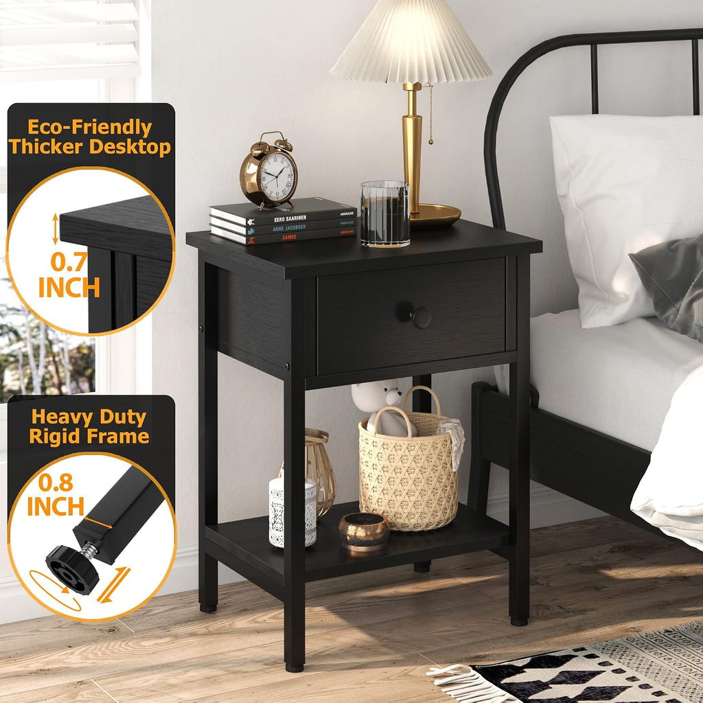 Nightstands Set of 2 with Drawers, Bedside Table Set of 2 with Storage Shelf, Heavy Duty End Side Table Bedroom Small