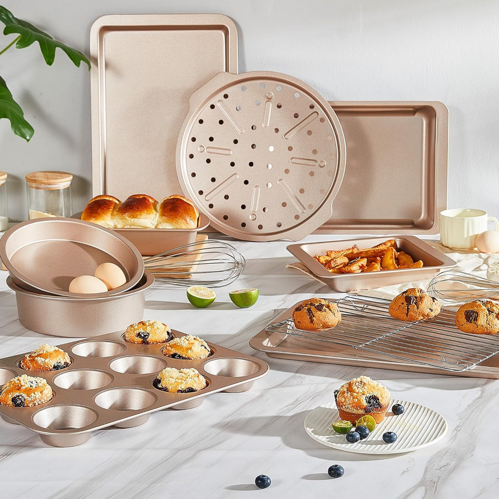 Bakeware Sets, Pans Set, Nonstick Oven Pan with Wider Grips, 10-Piece Including Rack, Cookie Sheet, Cake Pans, Loaf
