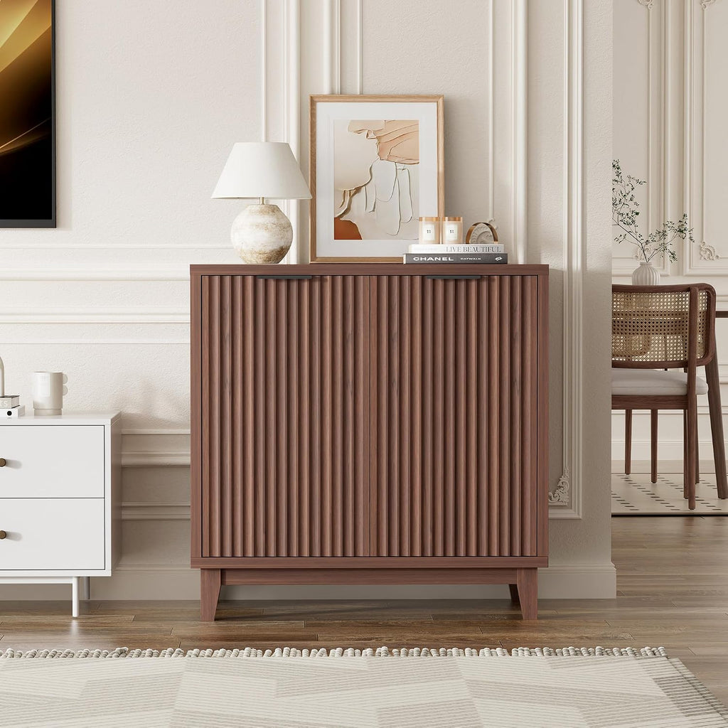 Fluted Cabinet with Storage, Mid Century Modern 2 Doors Sideboard Buffet | Accent Cabinet with Adjustable Shelves