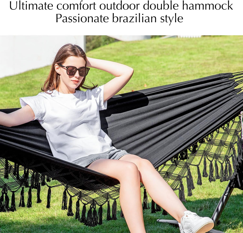 Handmade Tassel Hammocks, Double Hammock with Stand for Outside Indoor Outdoor, Max 450 lbs Capacity, Pillow &