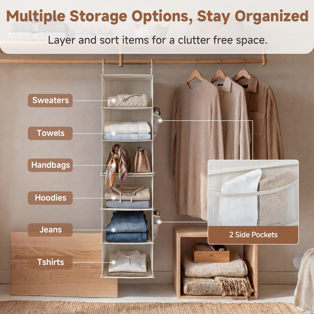 Hanging Closet Organizer, 6-Shelf with 2-in-1 Design
