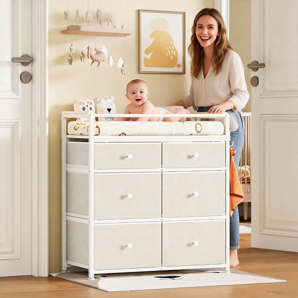 Baby Diaper Changing Table & Station with 6 Drawers Organizer | Heavy Duty Baby Changing Table Organizer Dresser