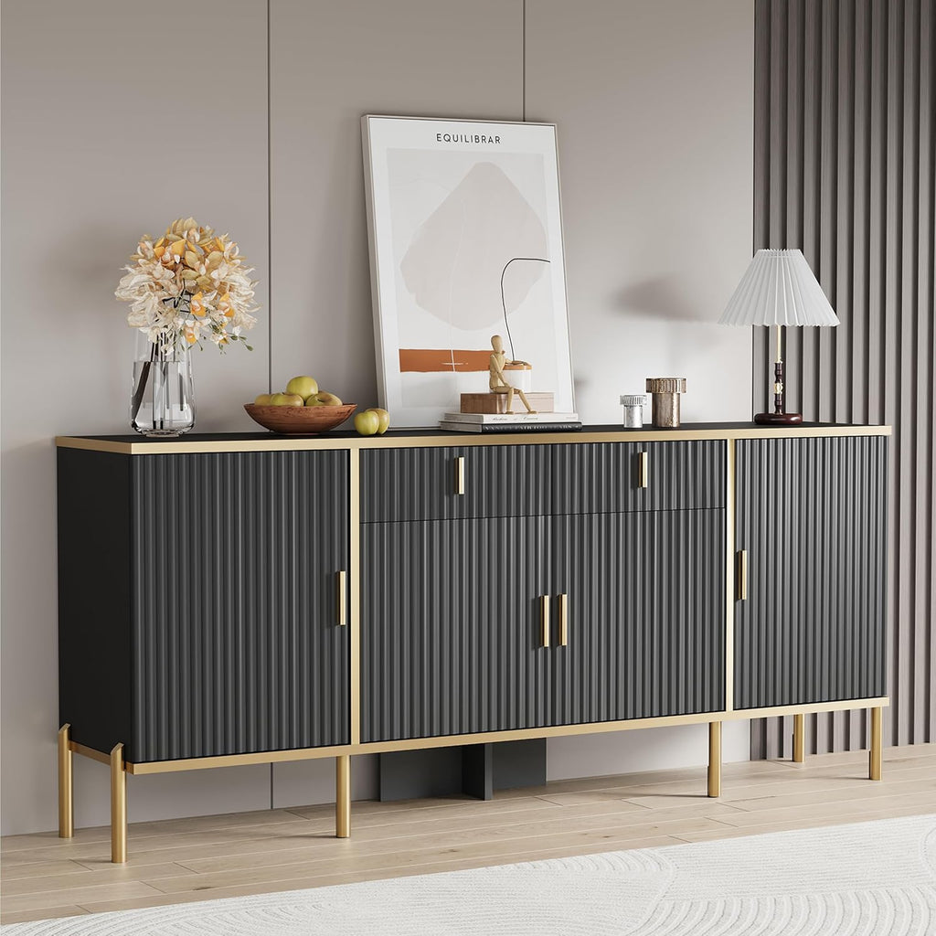 60" Fluted Buffet Cabinet with Storage, Modern Buffets & Sideboard with 2 Drawers, 4 Doors and Adjustable Shelves