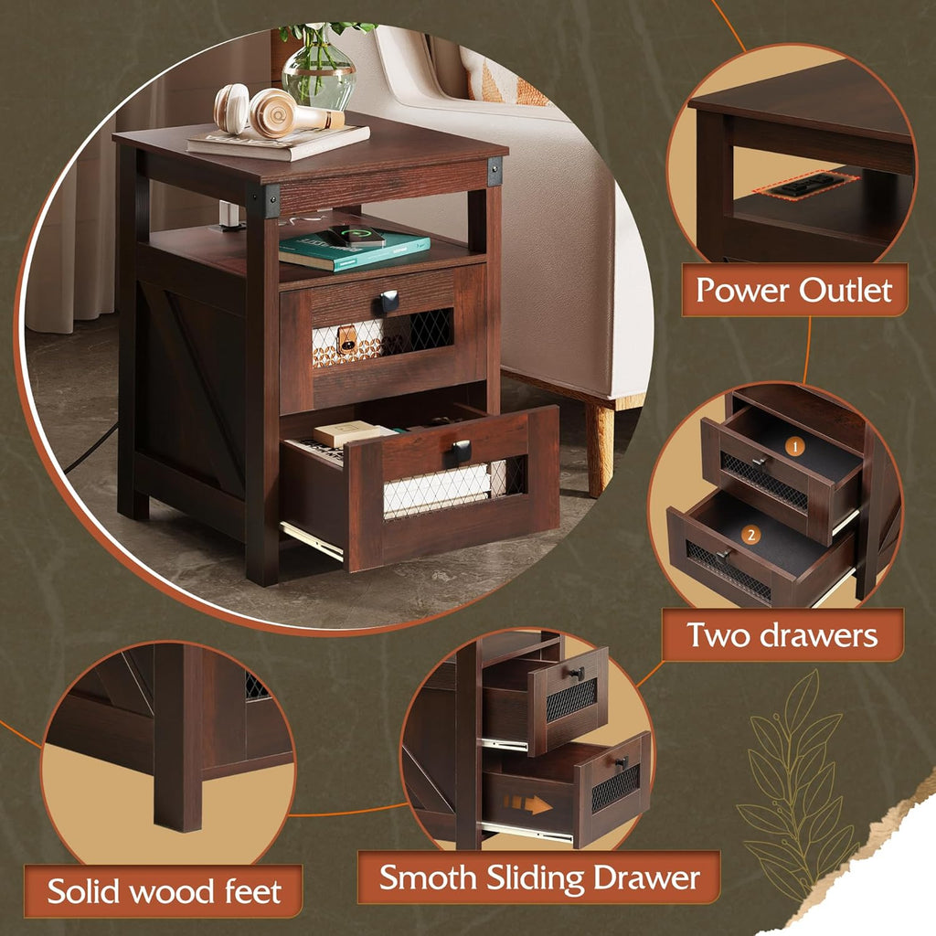 Nightstand with Charging Station, Farmhouse End Table, Bed Side Table with 2 Storage Drawers and Open Shelf, Wood