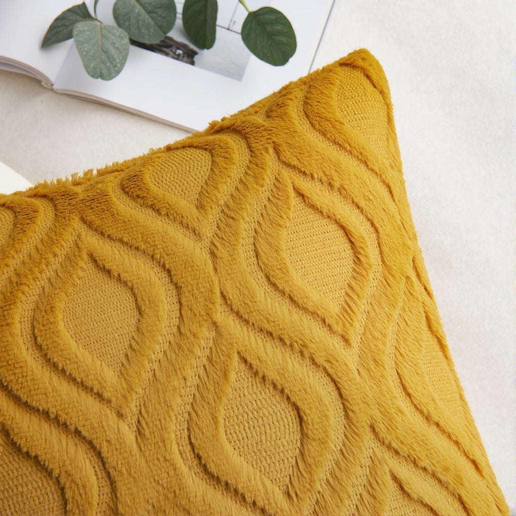 Summer Mustard Yellow Throw Pillow Covers 18x18 Inch, Soft Plush Faux Wool Solid Couch Pillows Set of 2, Decorative