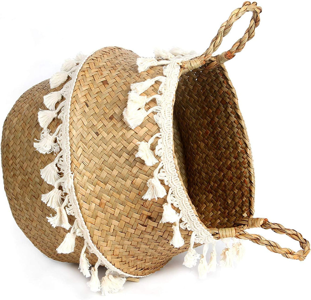 Tassel Macrame Woven Seagrass Belly Basket for Storage, Decoration, Laundry, Picnic, Plant Basin Cover, Groceries and