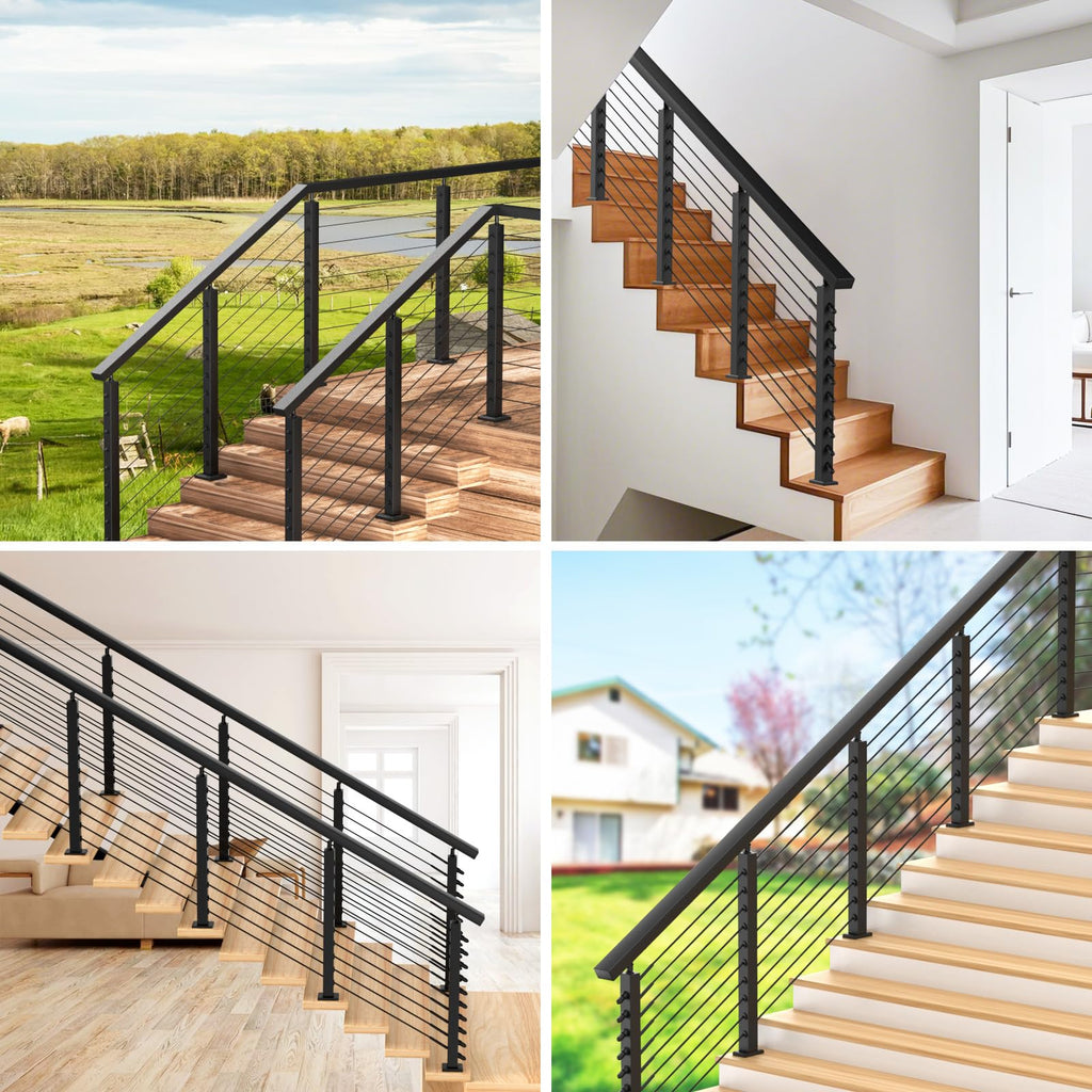 36" Black Cable Railing Post(35"x2"x2") for 25-35 Degrees Stair, Stainless Steel Adjustable Stair Post