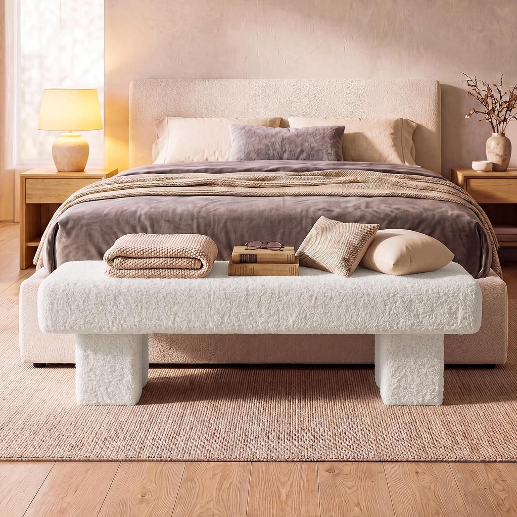 59" White Upholstered End of Bed Bench, Long Bench | Modern Bench for King Bed, High Resilience Entryway Bench ,Teddy