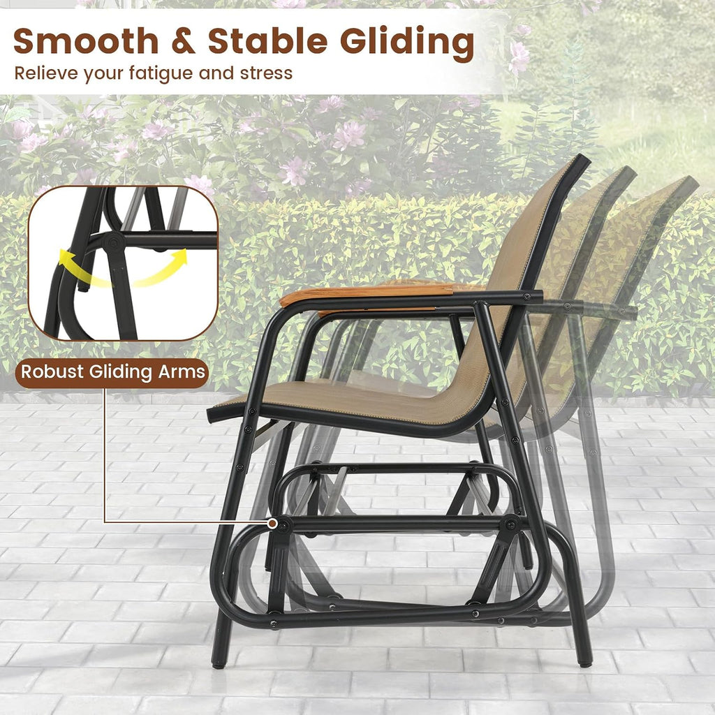 Patio Glider Bench, 2-Person Swing Gliding Loveseat with Curved Teak Armrests, Fabric Seat, Metal Frame, Load 660lbs