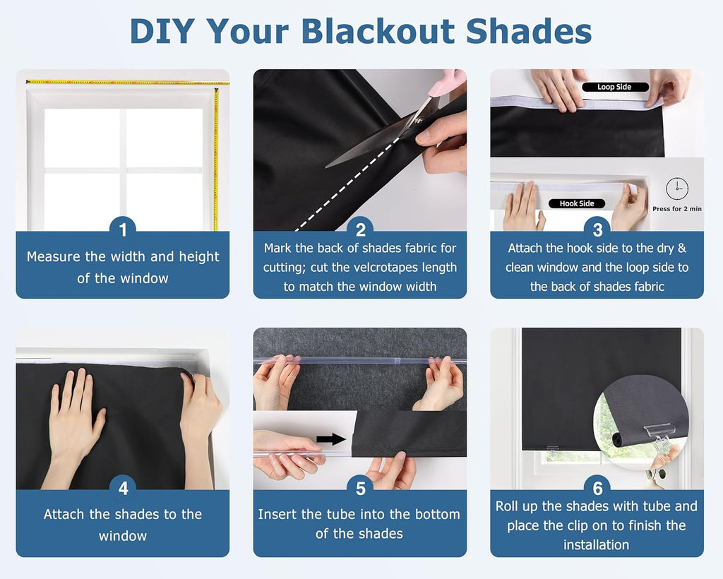 100% Blackout Roller Shades, No Tools No Drill Cordless Blinds for Windows, Thermal Insulated UV Protection Privacy