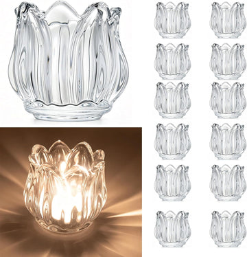 Votive Glass Tealight Candle Holders, Candles Not Included (Transparent Tulip-12 Pcs)