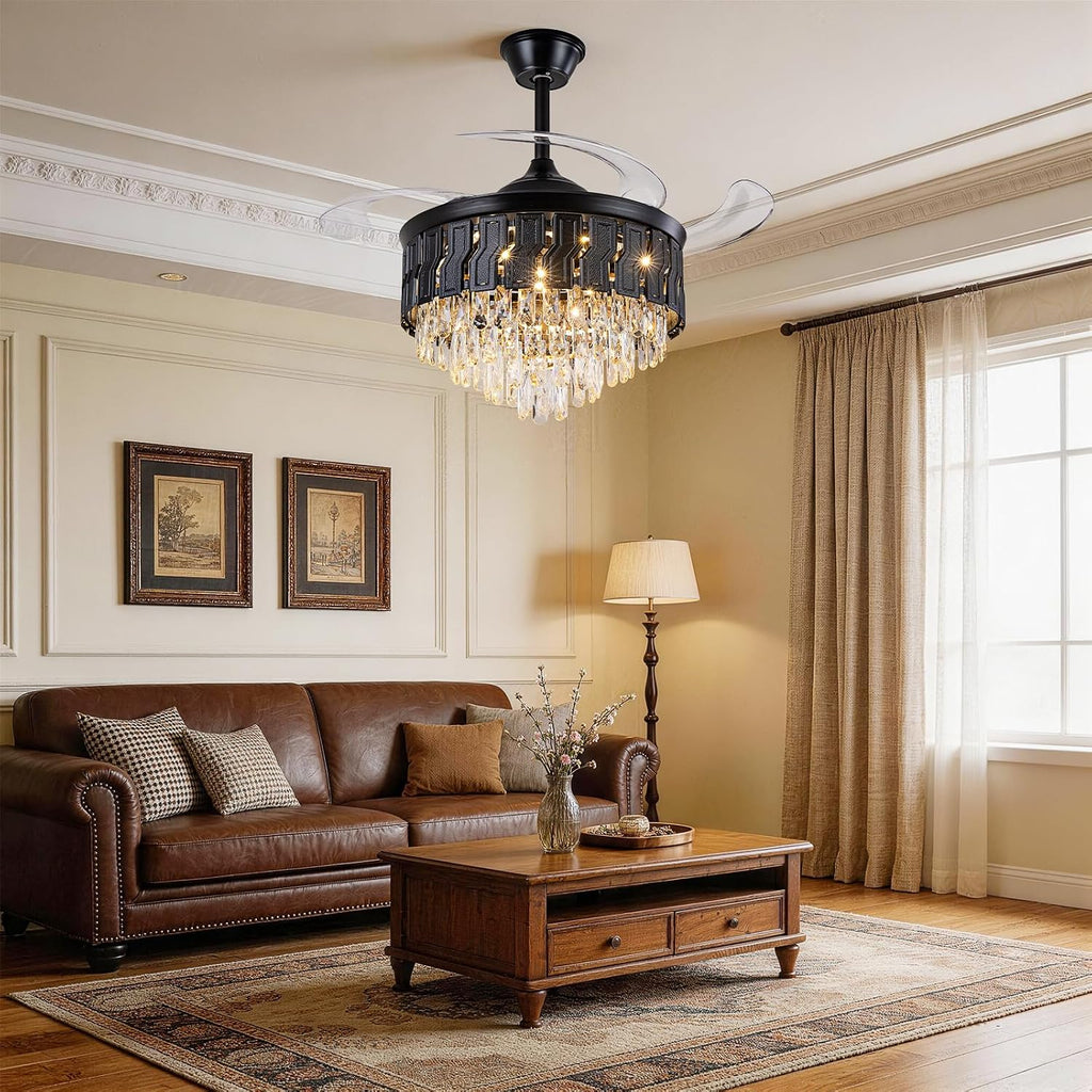 42" Black Crystal Ceiling Fan Chandelier, Retractable Fandelier