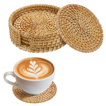 Handmade Nature Rattan Coasters Set of 4 with Holder, Fall Home Table Decor