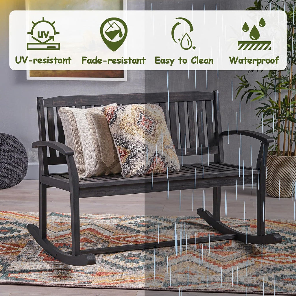 49" Outdoor Rocking Loveseat Bench, 2-Person Double Rocking Chair with Slatted Back/Curved Armrests, Porch Glider for