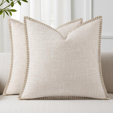 Summer Decorative Throw Pillow Covers 18x18 Set of 2 Square Faux Linen Outdoor Neutral Farmhouse Pillow Covers with