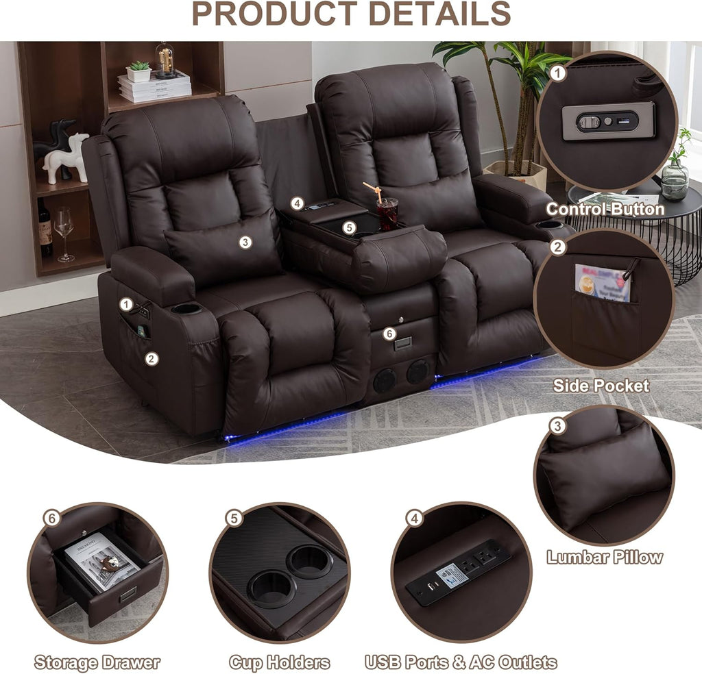 Power Loveseat Recliner Sofa with Massage & Heat Home Theater Seating with Console RV Recliner Loveseat Sofa
