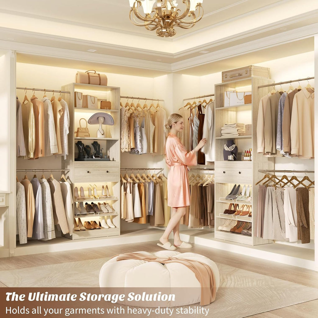 Wood Closet Organizer System - 4FT-9FT Expandable Wardrobe Closet with Drawer & 4 Hanging Rods, Heavy Duty Walk-in