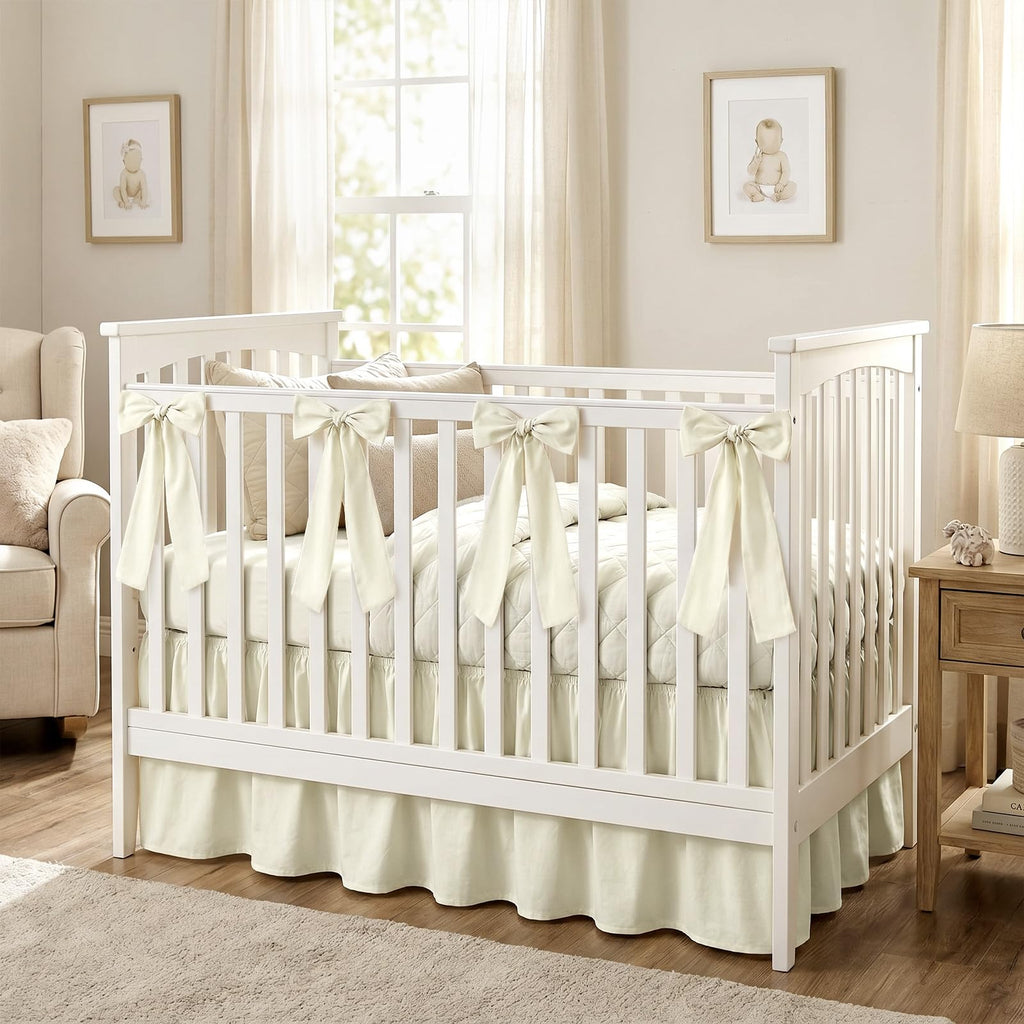 Beige Crib Bed Skirts with 4 Large Cot Bow 28" x 52", 14" Drop