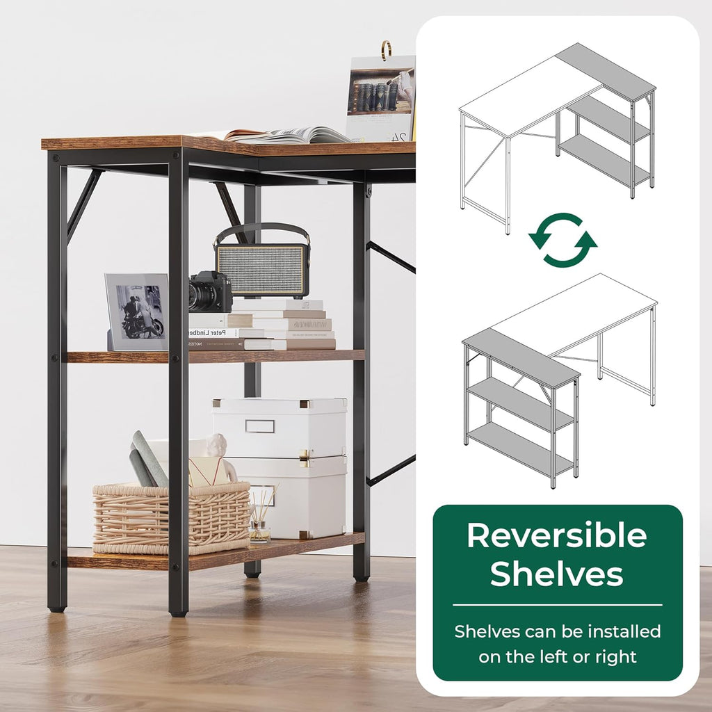 47 Inches L Shaped Desk, Computer Desk with Reversible Storage Shelves, for Gaming Corner Home Office Writing Study