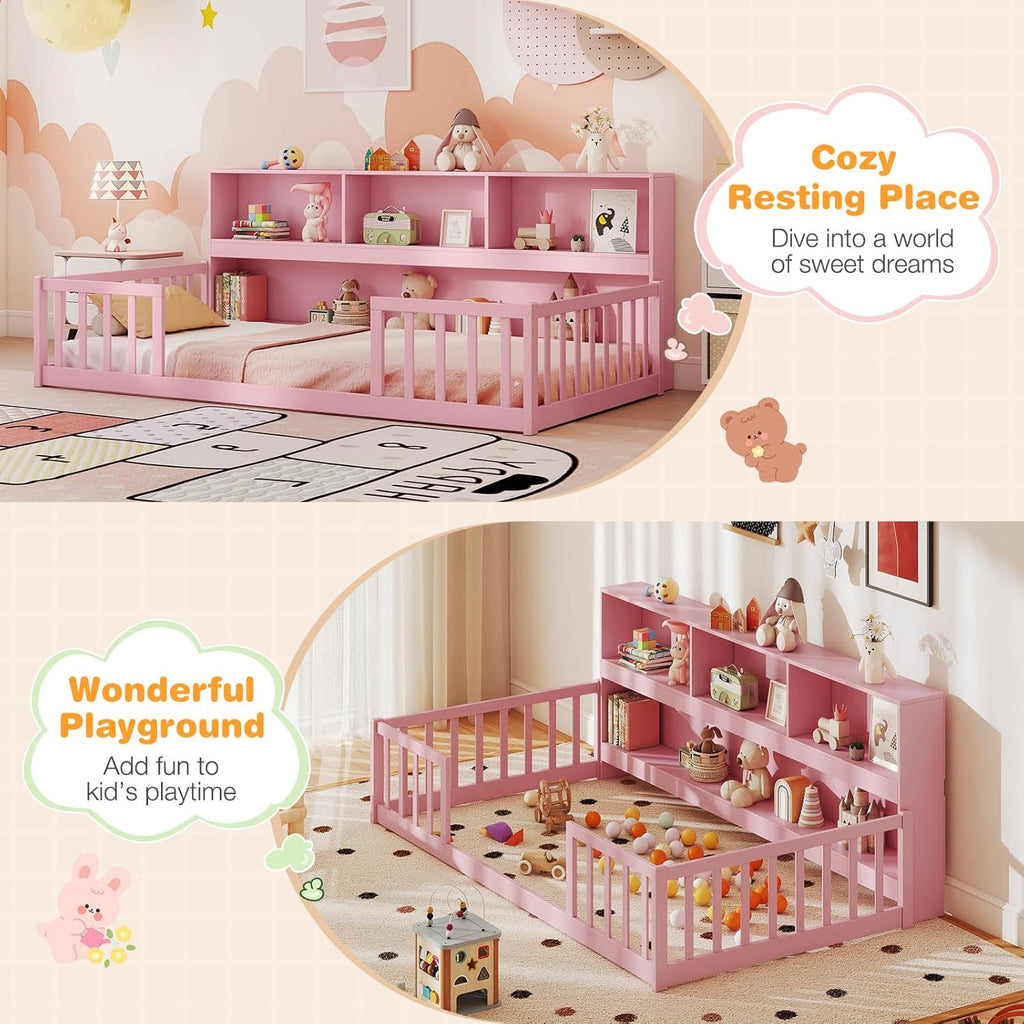 Twin Floor Bed for Kids, Wooden Montessori Bed Frame with Bookcase, Storage Shelves & Safety Fence Rails, Floor Beds
