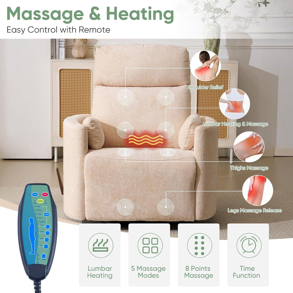 Oversized Swivel Rocker Recliner Chair with Heat and Massage, Rocking Chair Nursery with Adjustable Headrest, Manual