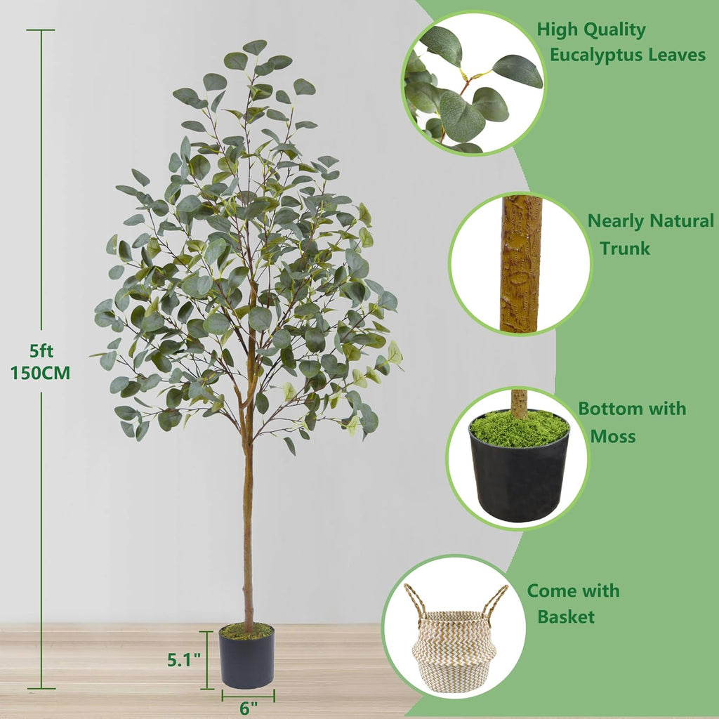Artificial Eucalyptus Tree, 5ft Tall Mordern Fake Eucalyptus Plant with Basket, Green Silk Leaves Perfect Faux Trees