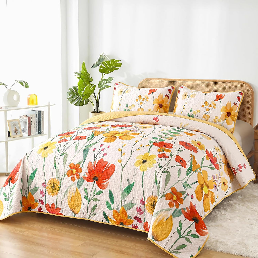 Quilt Set, Yellow Floral Reversible Bedspread Soft Microfiber Lightweight Quilt Bedding Sets Reversible