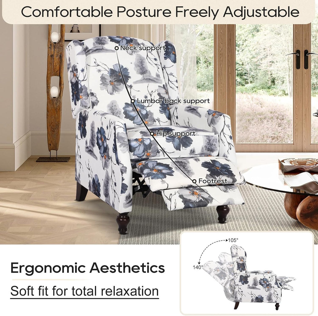 Upholstered Wingback Recliner Chair, Mid Century Modern Manual Push Back Recliner (1, Blue Floral)