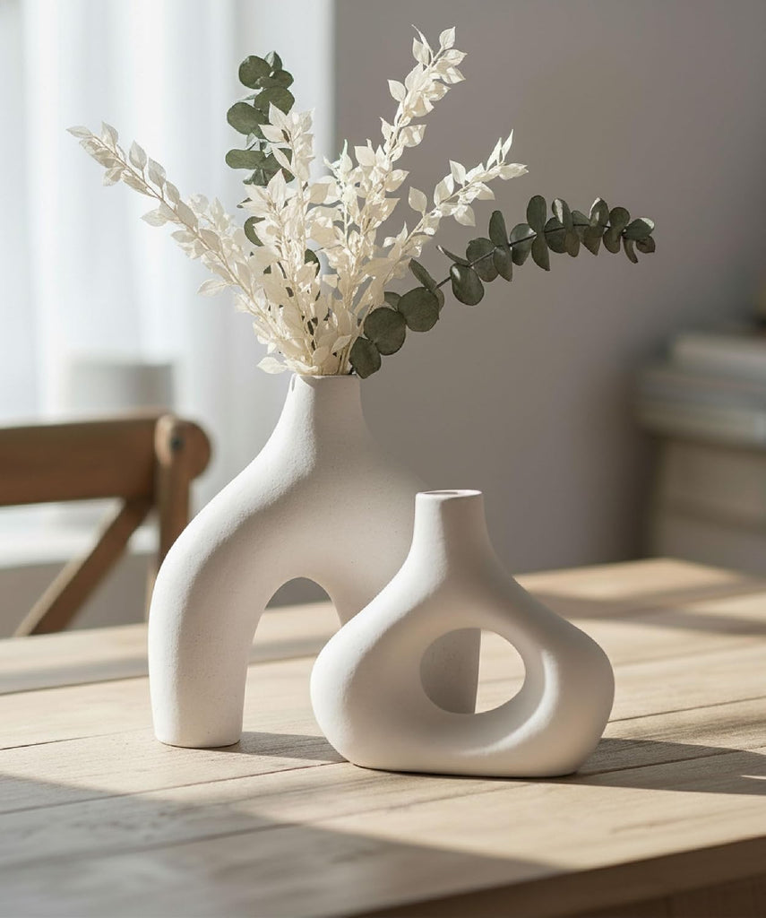 Donut Vase, Set of 2 - White Large Ceramic Vase - Minimalist Nordic, Hollow | Table Centerpiece, Olive Plant, Wedding