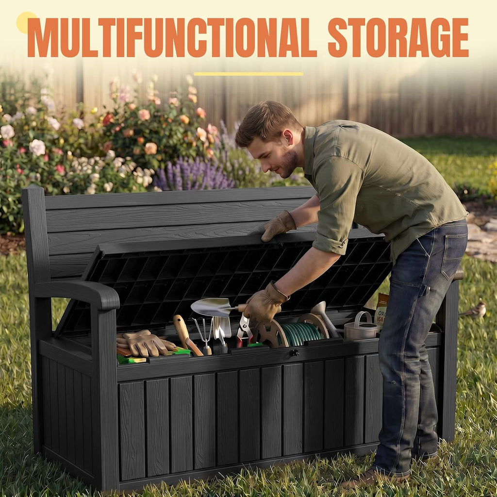Storage Bench Outdoor Deck Box,100 Gallon Waterproof & UV Resistant Lockable Patio Furniture Seating.Indoor/Outdoor