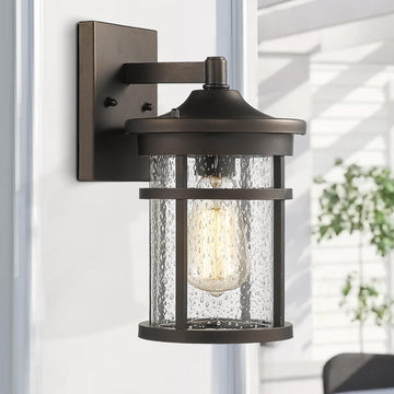 Outdoor Wall Light, Exterior Porch Mount Light Fixture, Outdoor Wall Sconce, Front Door Lantern Lamp with Seeded Glass Shade(Oil Rubbed Bronze, 11.3" Height)