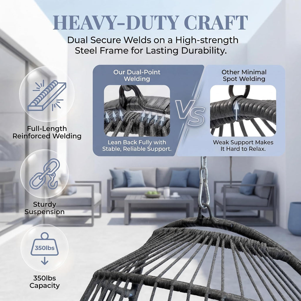 Hanging Egg Chair Outdoor Without Stand, Indoor Swing Egg Basket Ceiling Tree Chairs with Cushion, 350lbs Egg-Shaped