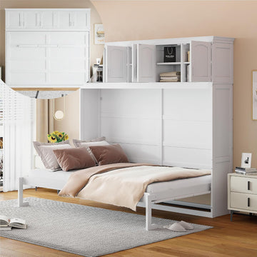 Modern Farmhouse Solid Wood Murphy Bed Chest with Top Cabinets, Tall Wall Platform Bed Space Saving/Wood Slat Support