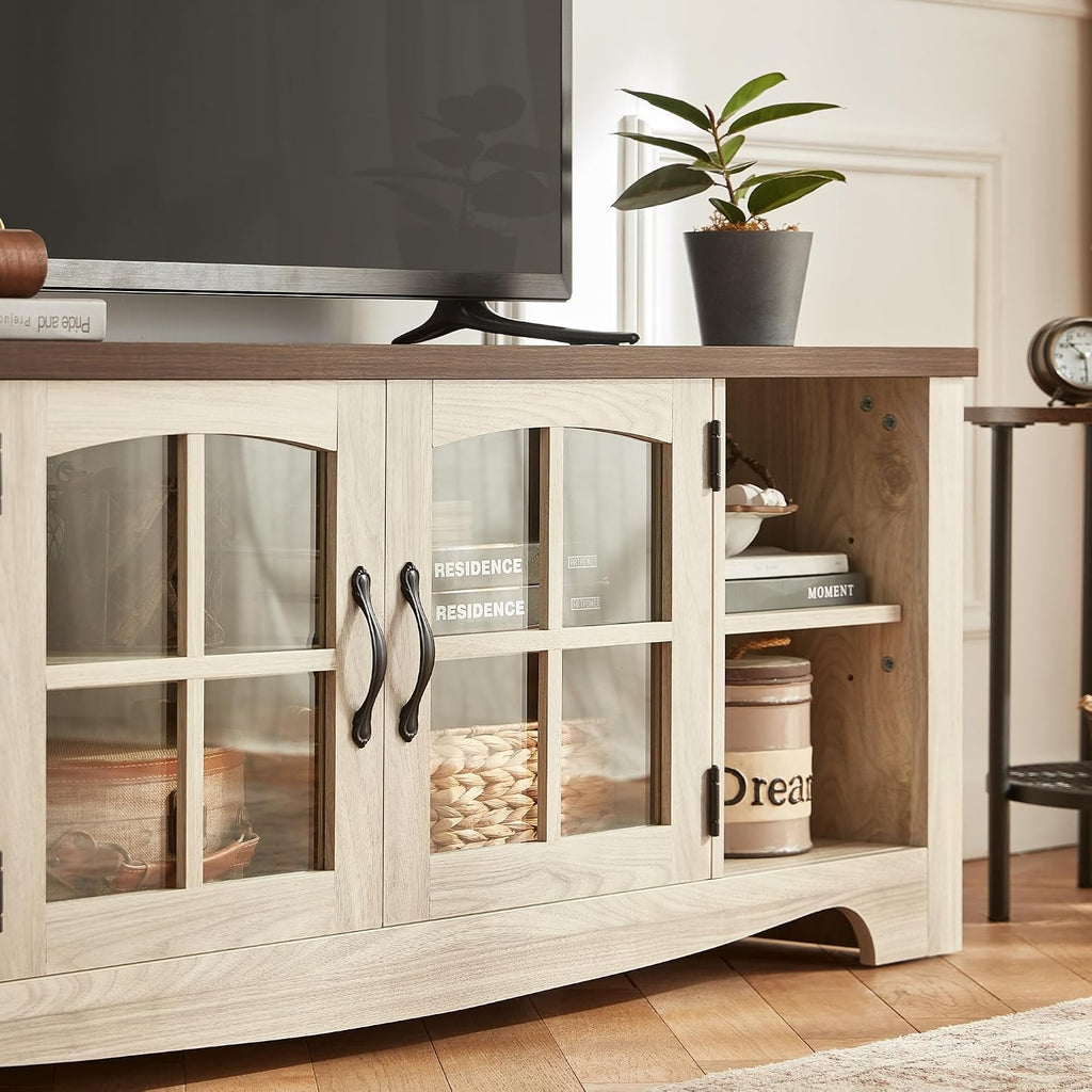 TV Stand for 75 Inch TV, Modern Farmhouse Entertainment Center with Storage Cabinets and Glass Doors, Tall Media